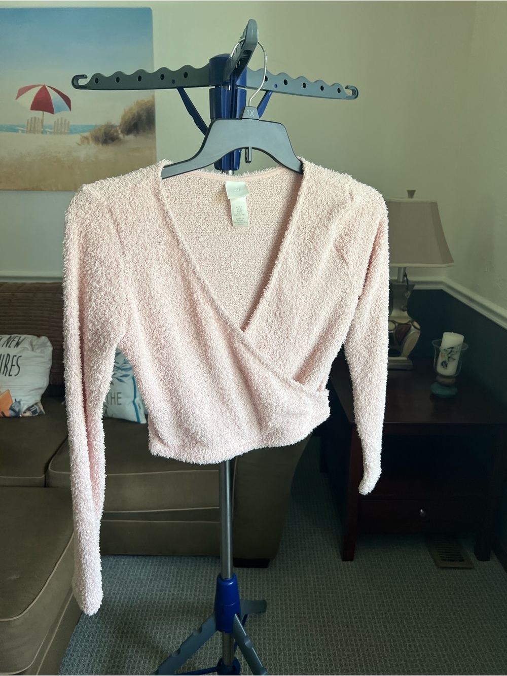 H&M Women’s M Pink Solid Knit V-Neck Wrap Long Sleeve Stretch Sweater # 253